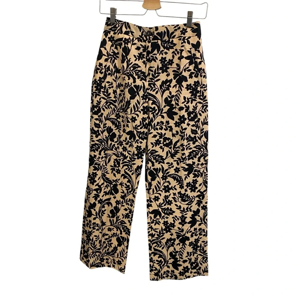 Sezane Martin Linen & Cotton Nora Floral Print Straight Cropped Flare Pants